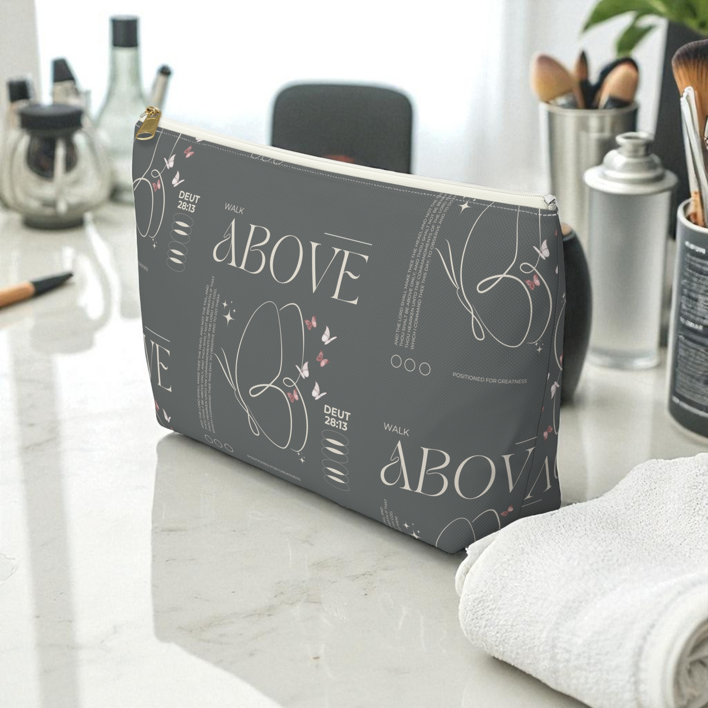Grey Makeup Bag Zipper Pouch | Travel Organizer | Small & Large Sizes | Matching Tote | Inspirational