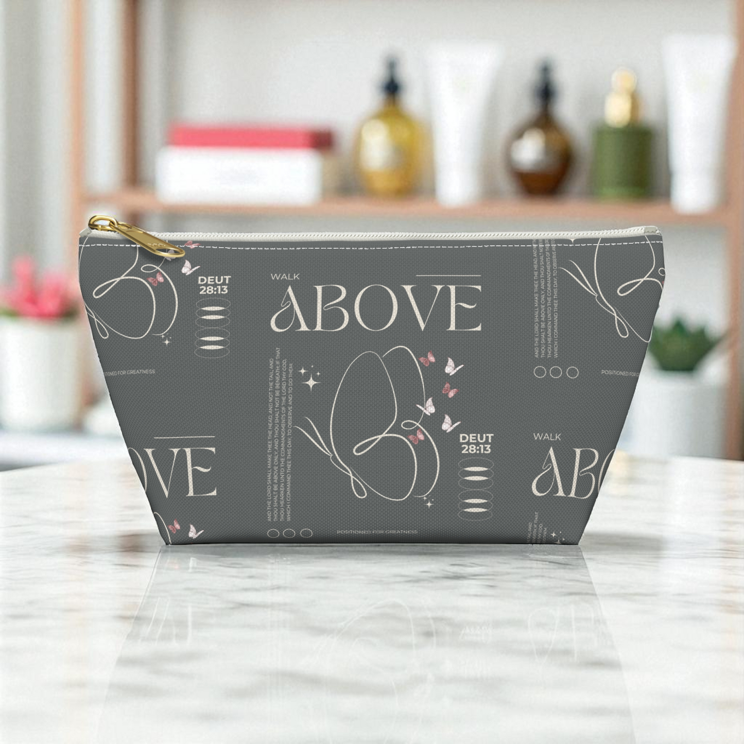 Grey Makeup Bag Zipper Pouch | Travel Organizer | Small & Large Sizes | Matching Tote | Inspirational