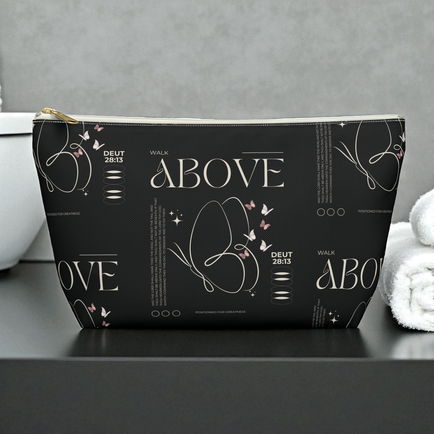 Black Makeup Bag Zipper Pouch | Travel Organizer | Small & Large Sizes | Matching Tote | Inspirational