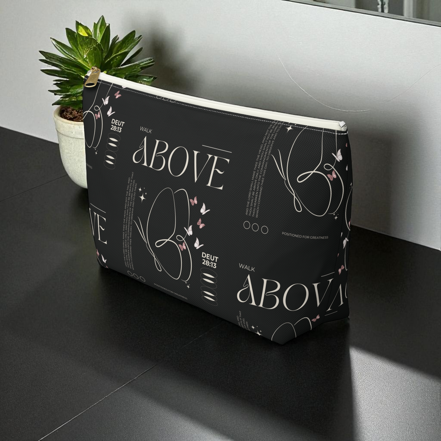 Black Makeup Bag Zipper Pouch | Travel Organizer | Small & Large Sizes | Matching Tote | Inspirational