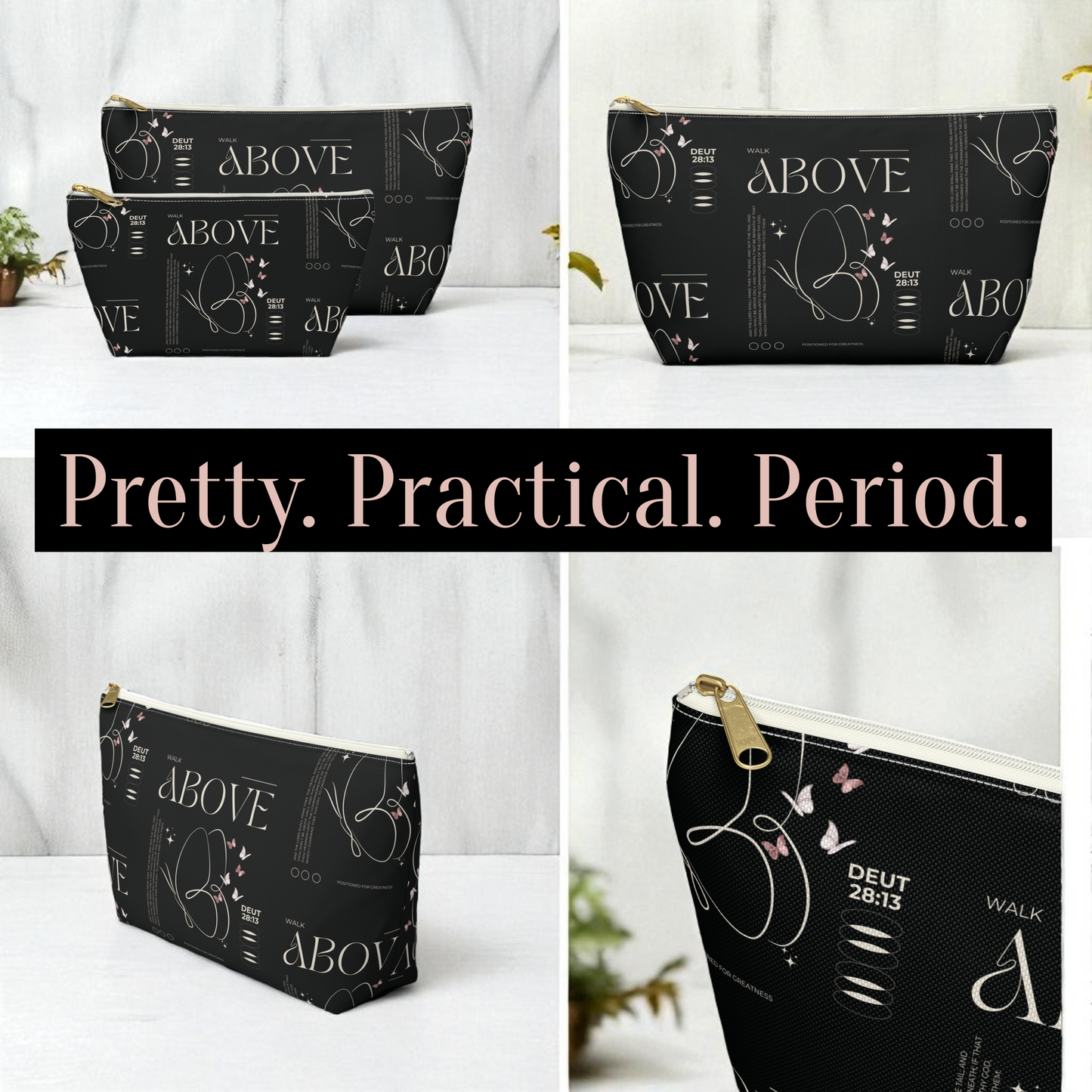 Black Makeup Bag Zipper Pouch | Travel Organizer | Small & Large Sizes | Matching Tote | Inspirational